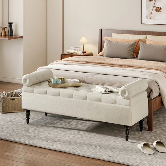 Stylish Beige Flip-Top Storage Bench with Armrests - Perfect for Entryways, Bedrooms, and Laundry Rooms!