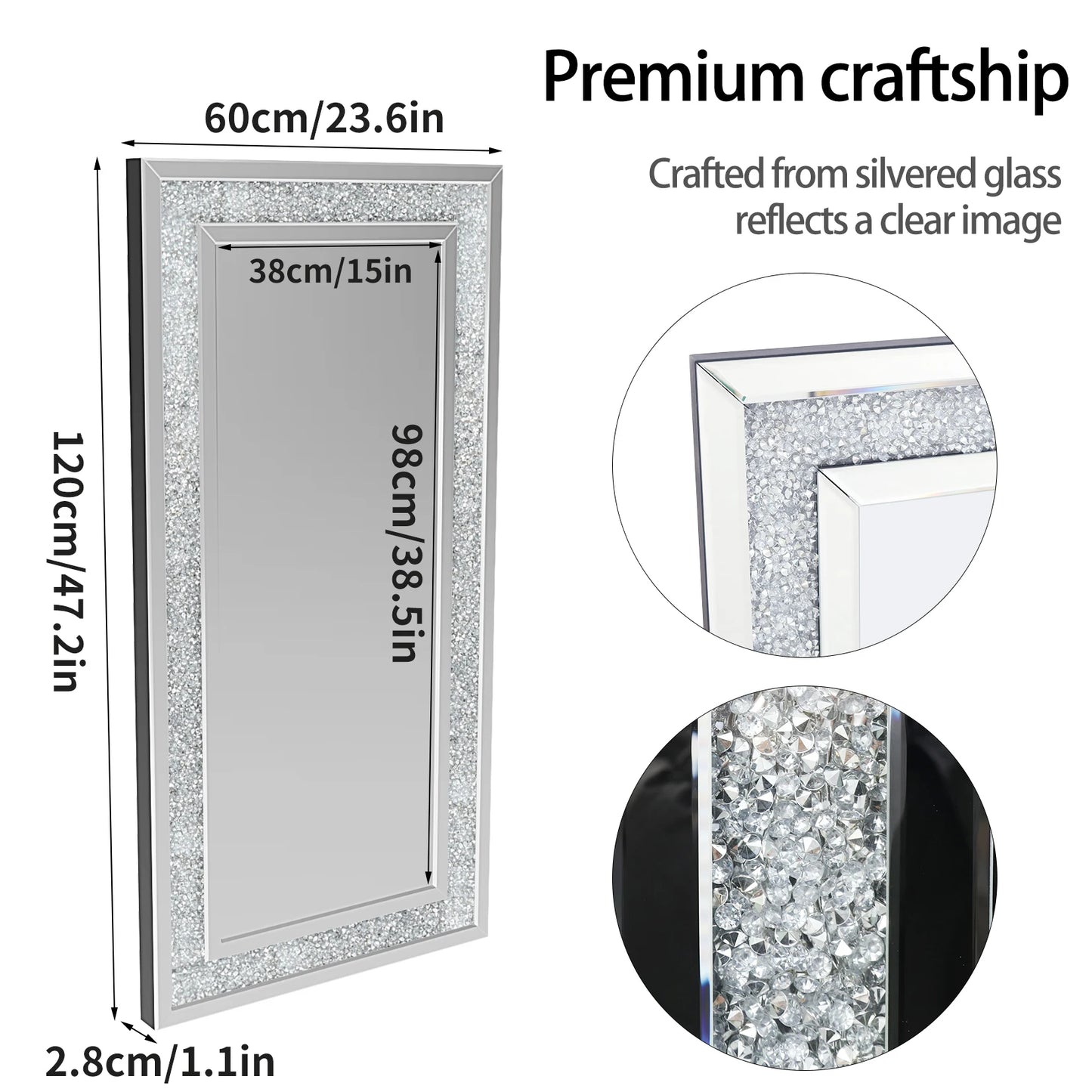 XXXL Large Elegant Diamond Decorative Wall Mirror with Crushed Crystal Finish - Full Length Design