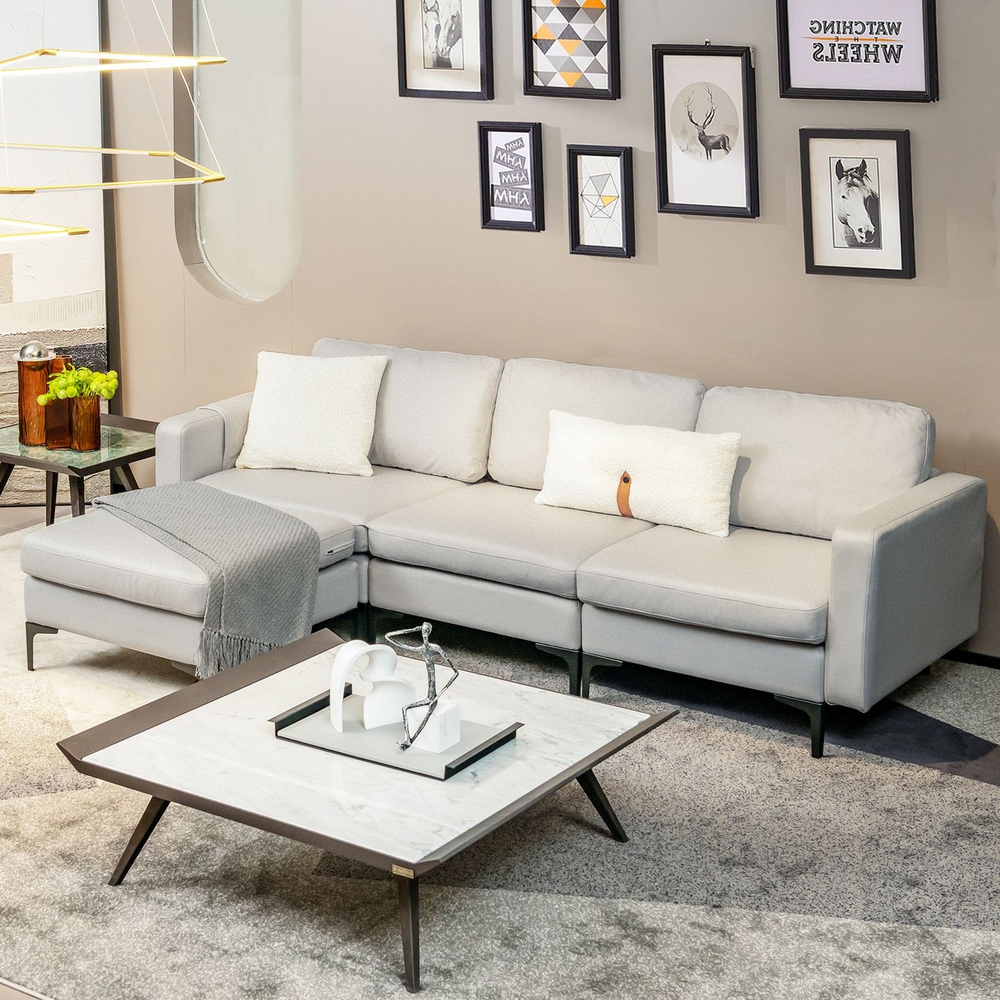 Stylish Modular L-Shaped Sofa with Reversible Ottoman & Convenient Built-In Socket