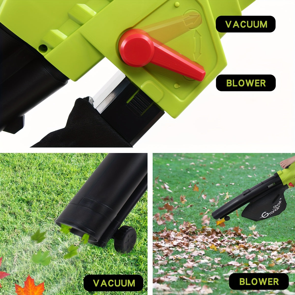 3000 W 3 in 1 Leaf Blower, Garden Leaves Vacuum Cleaner with Collection Bag (Green)