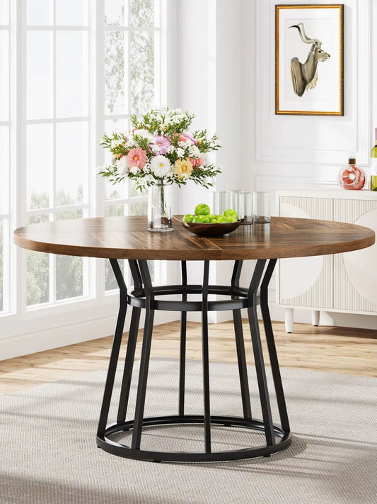 round Dining Table for 4 People, Circle Dining Room Table with Metal Base, 47.2-Inch round Kitchen Dinner Table