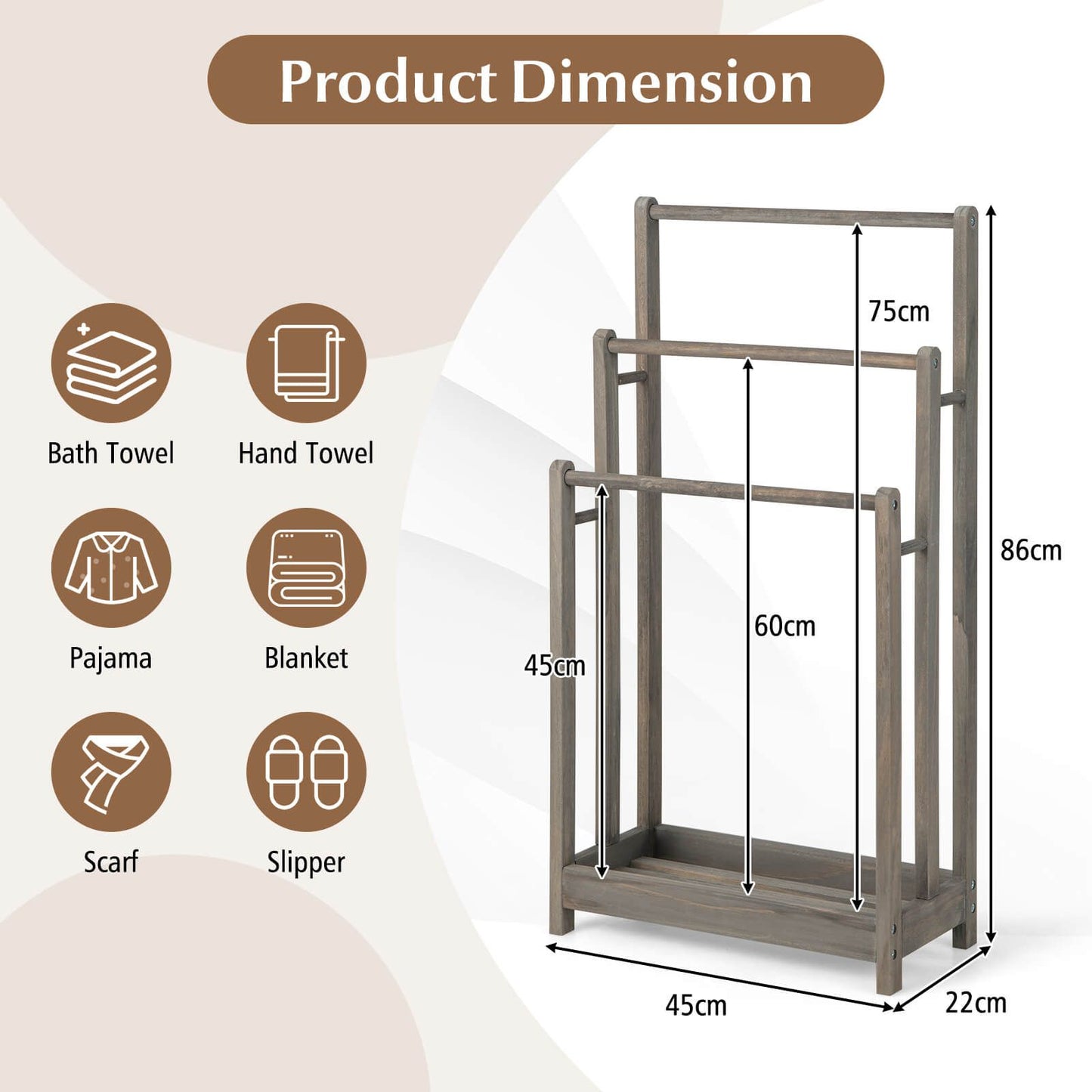 Freestanding Wood Towel Rack with 3 Individual Bars and Bottom Storage Shelf