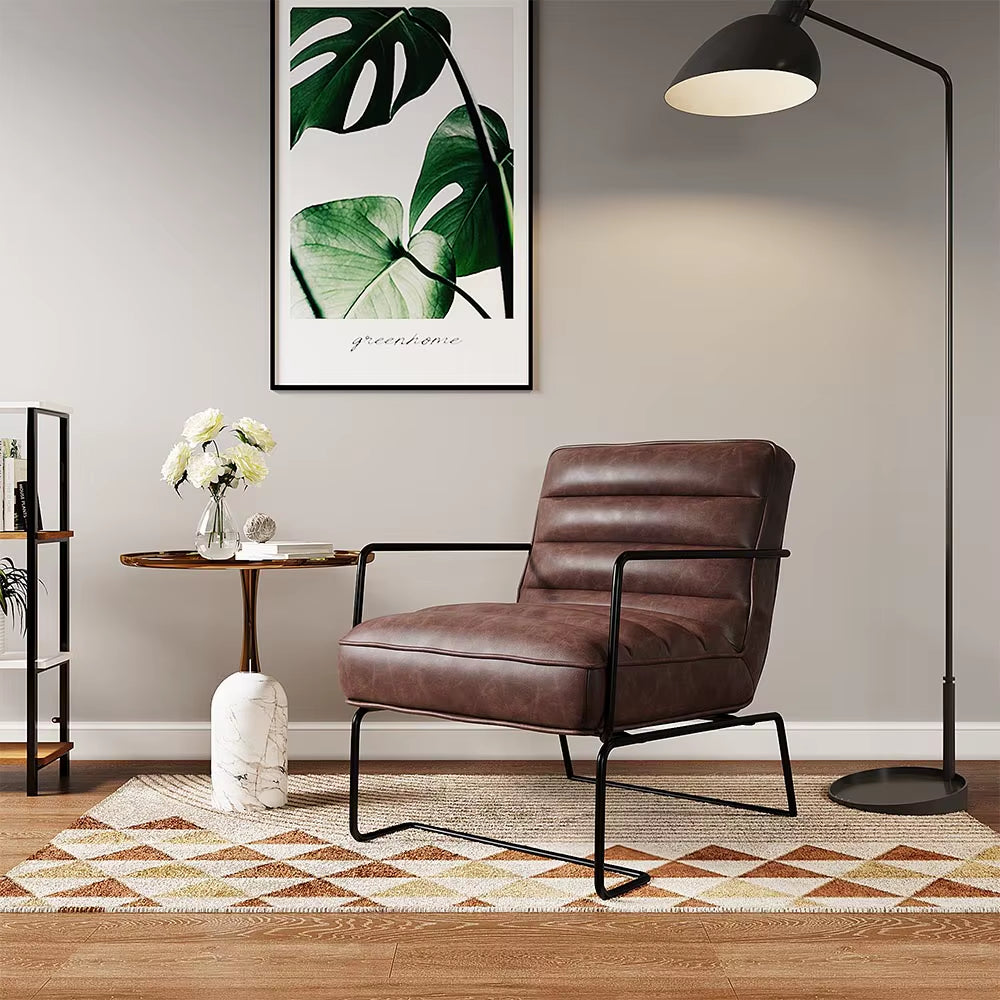 Mid-Century Living Room Chairs PU Leather Linen Armchair with Metal Base Modern Minimalist Dining Furniture