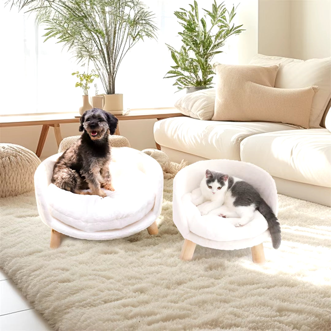Luxurious Plush Cat Bed with Stylish Wooden Legs & Easy-Clean Waterproof Cushion for Small Pets