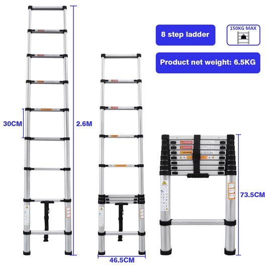 Multi-Size Aluminium Telescopic Ladder with Non-Slip Feet,Adjustable Lightweight Ladder for Home or Caravan, 330Lb Load Capacity
