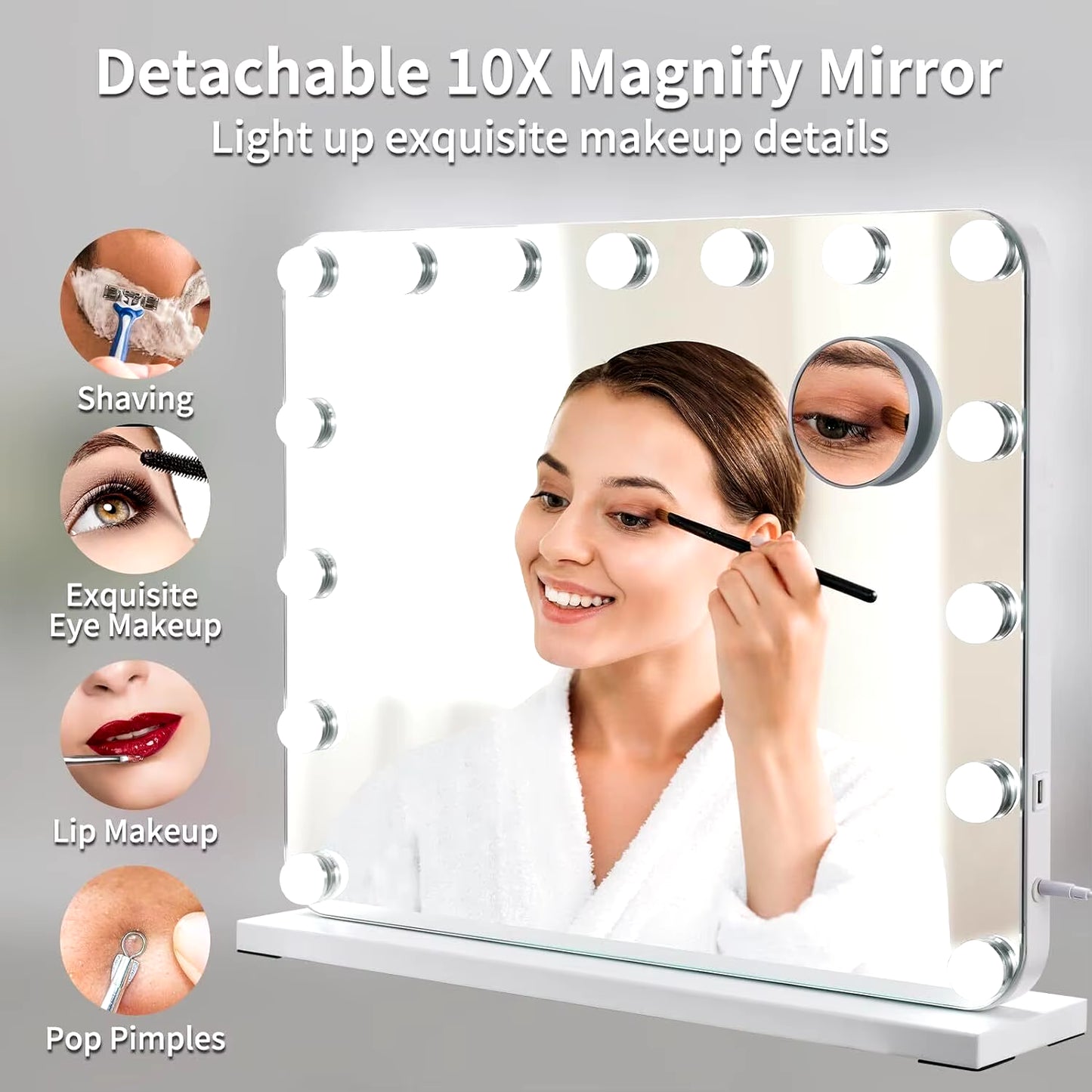 Hollywood Vanity Mirror with Lights Lighted With15 Dimmable LED Bulbs 3 Color Lighting,Adjustable Brightness USB Charging Port