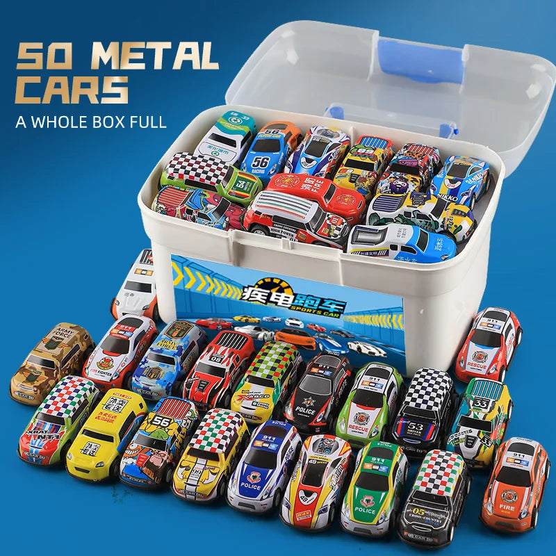 50-Piece Mini Pull Back Car Toy Set - Perfect Gift for Boys! Inertia Diecast Cars with Box for Endless Fun!