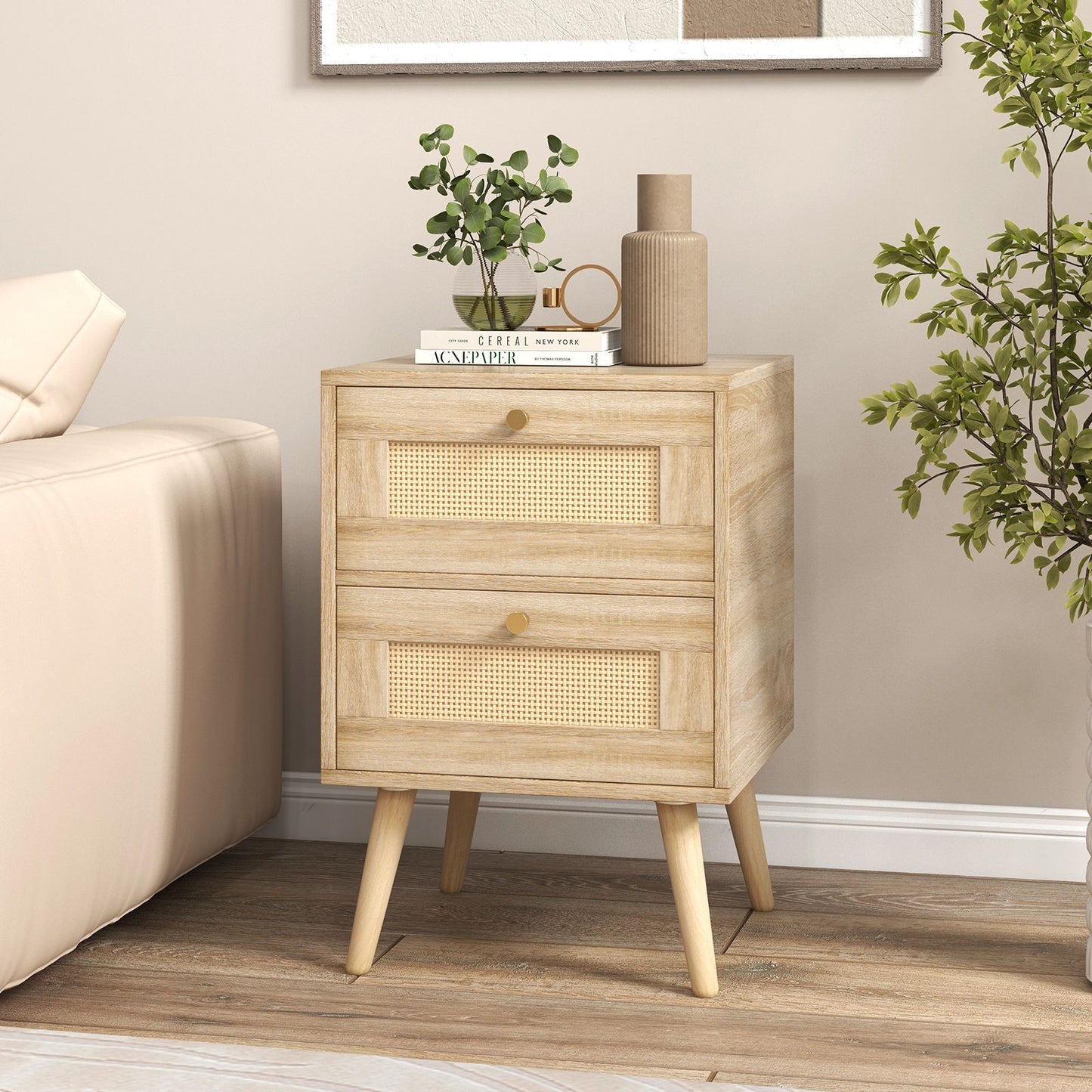 Boho Accent Rattan Nightstand Bedside Table with 2 Storage Drawers