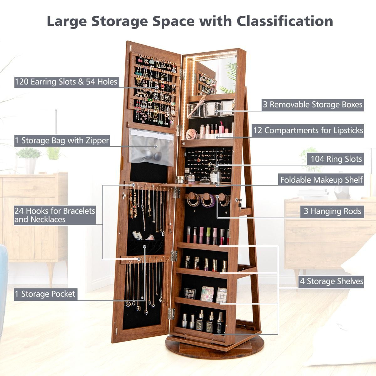 360-Degree Mirrored Jewelry Armoire with 3-Color Auto-On LED Lights