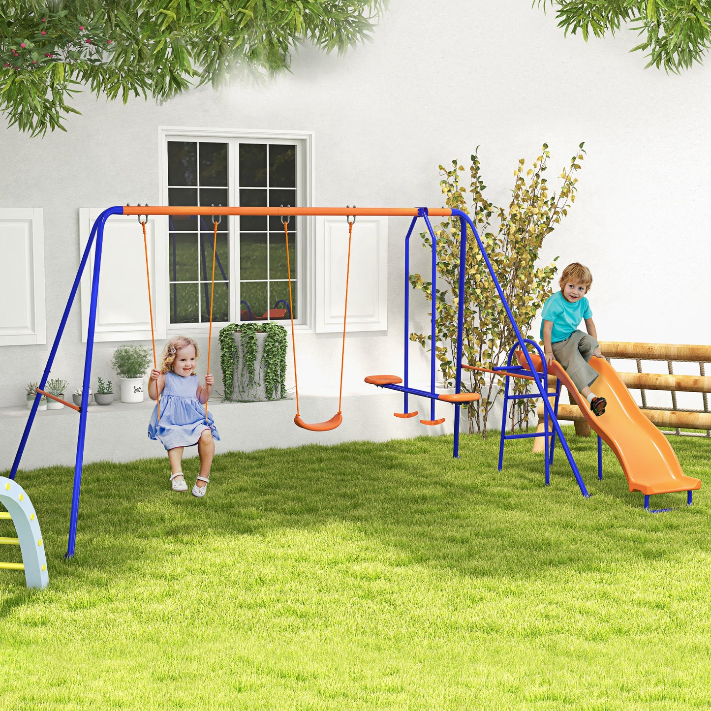 4 in 1 Garden Swing Set, Metal Kids Swing Set w/ Double Swings, Glider, Slide, Ladder