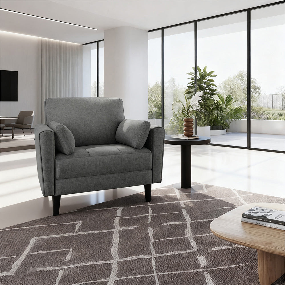 Tufted Sofa Chair, Fabric Accent Chair Upholstered Sofa with 2 Throw Pillows & Side Storage Pockets for Living Room, Bedroom