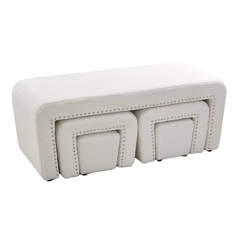 White Upholstered Teddy Fleece Ottoman Bench Set for Bedroom Living Room and Makeup Room