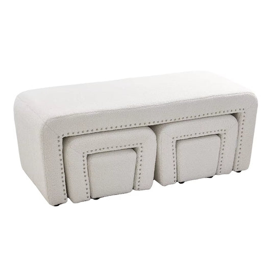 White Upholstered Teddy Fleece Ottoman Bench Set for Bedroom Living Room and Makeup Room