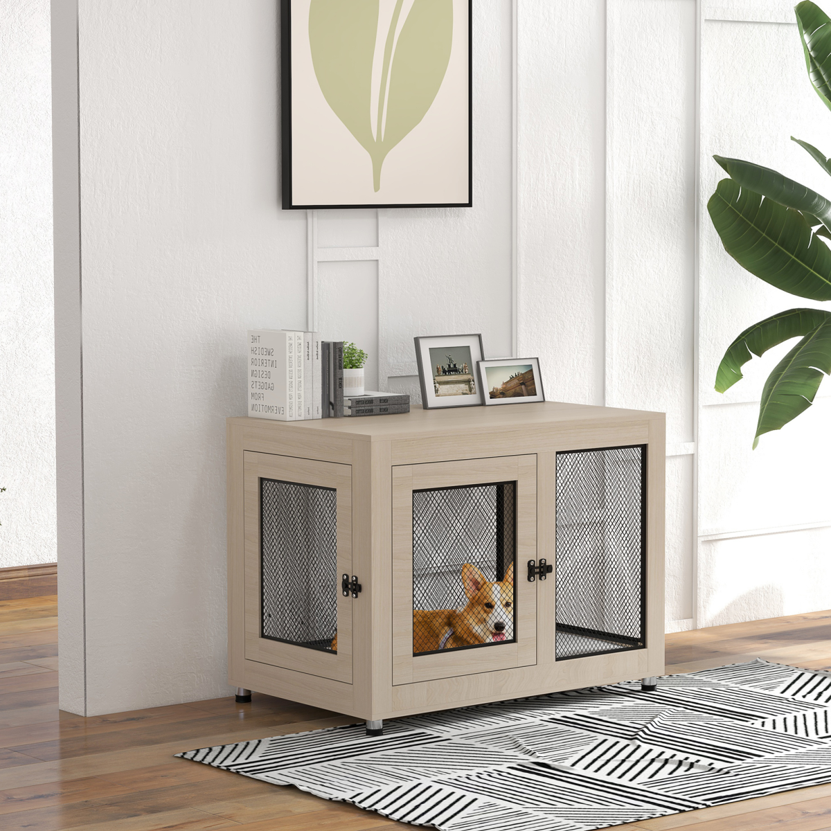 Chic Dog Kennel End Table with Dual Doors and Plush Cushion - Oak/Black