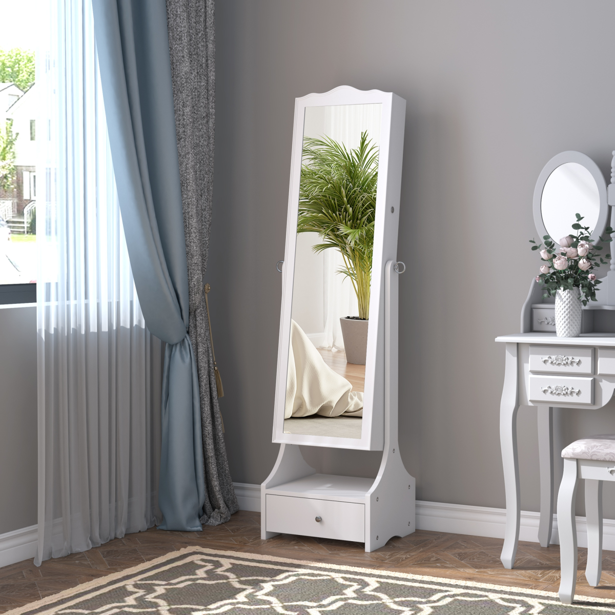 LED Illuminated Mirrored Jewelry Cabinet with Lock & Storage –  White