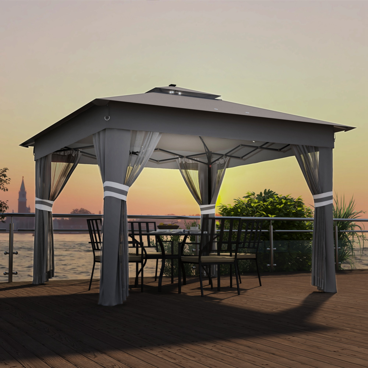 3x3m Pop-Up Gazebo with Solar LED Lights and Curtain Netting - Grey