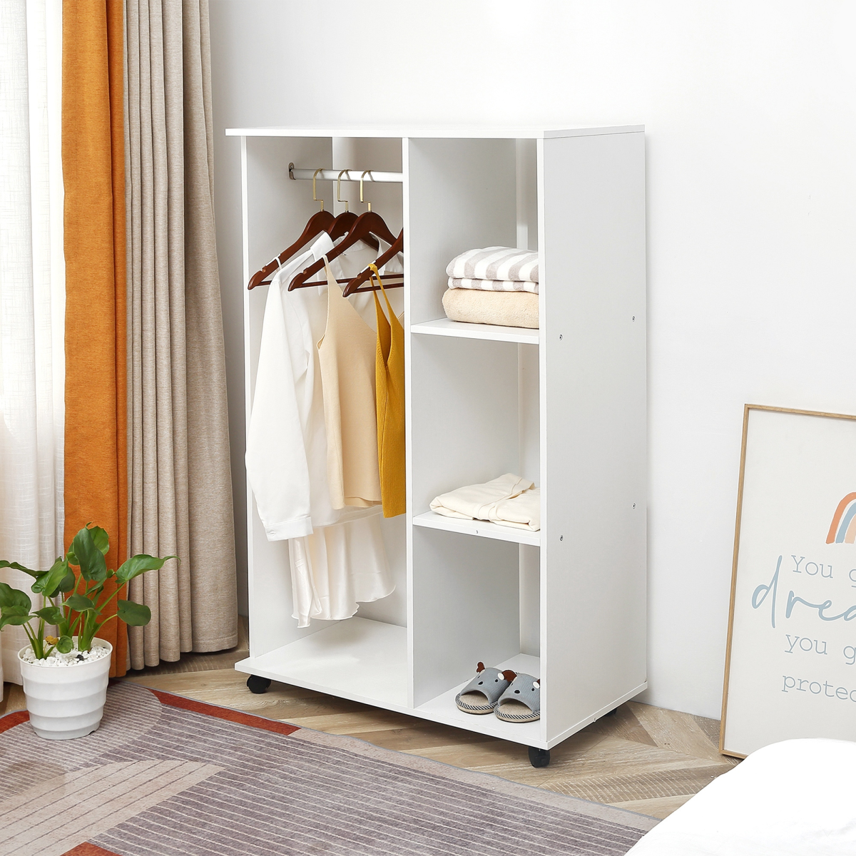 Versatile White Storage Wardrobe with Shelves & Wheels for Easy Organization