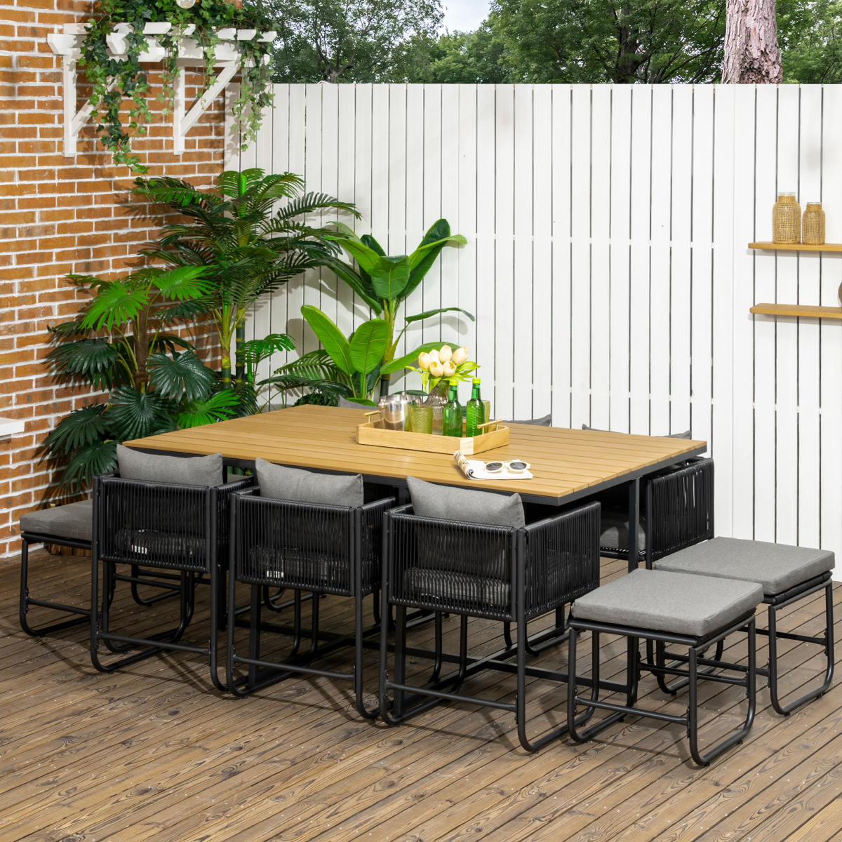 11-Piece Rattan Dining Set for 10 | Space-Saving Table & Chairs