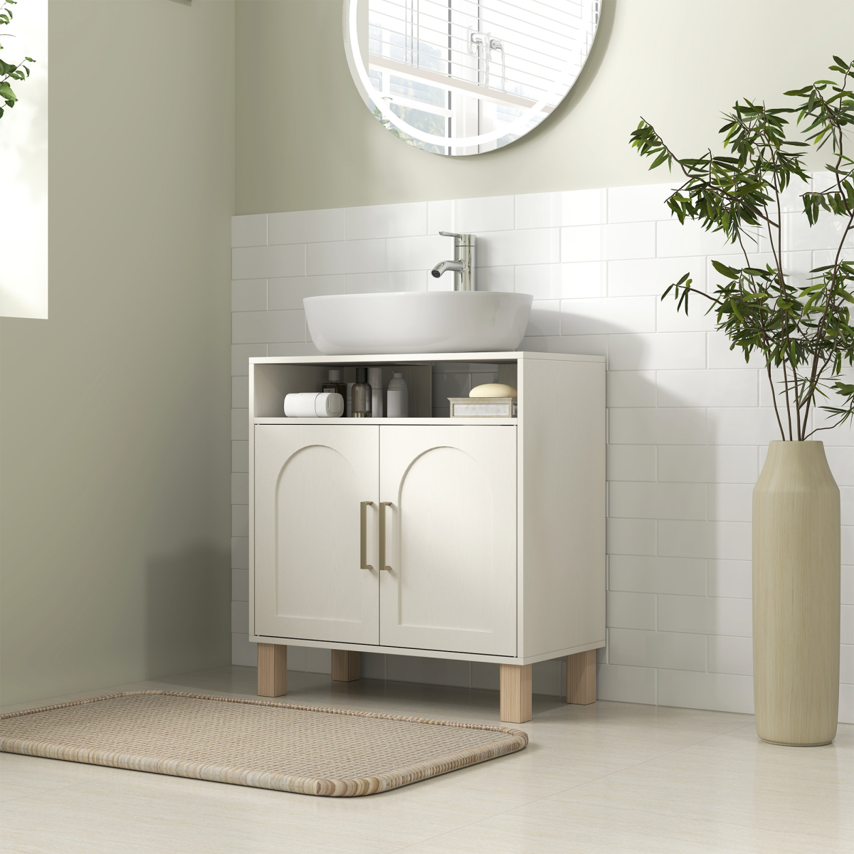 Chic Under Sink Bathroom Cabinet - Cream White & Adjustable Storage