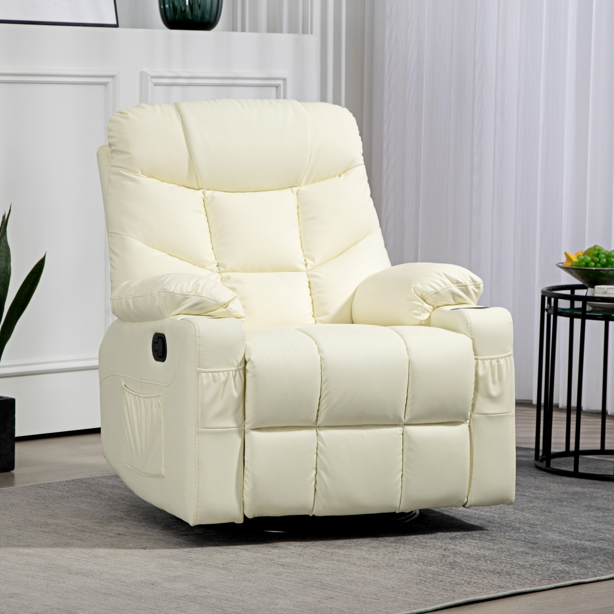 Luxury Recliner Chair with Footrest & Cup Holders - Cream Swivel Comfort