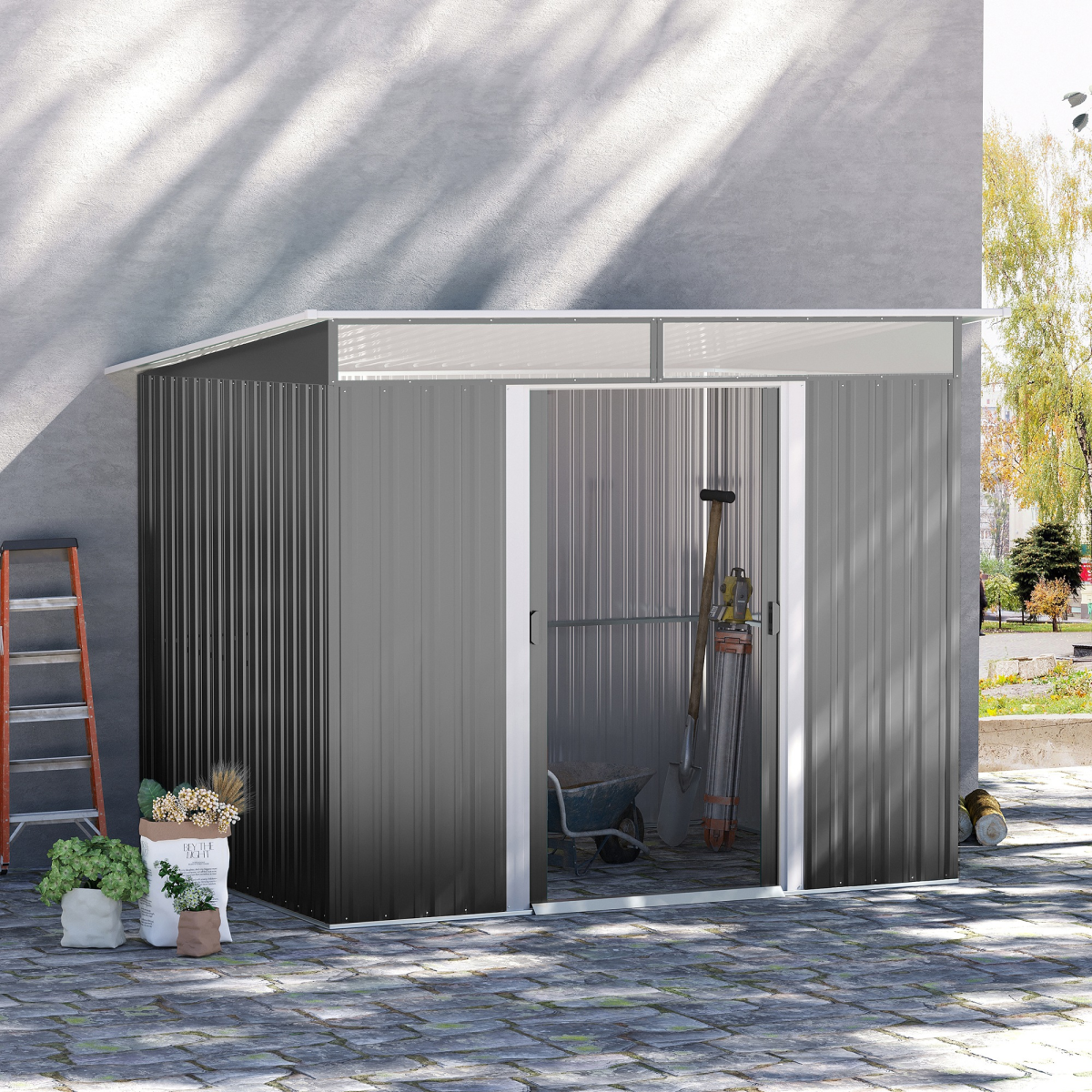 6.4x8.5 ft Steel Garden Shed Freestanding, Double Sliding Door Grey