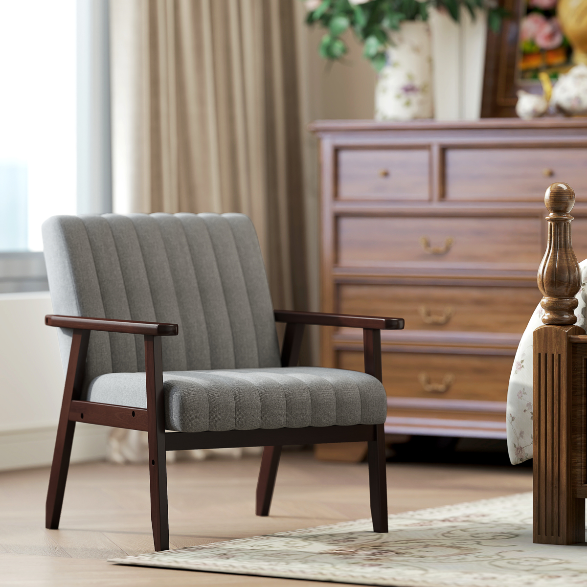 Modern Linen-Feel Upholstered Accent Chair, Grey & Brown