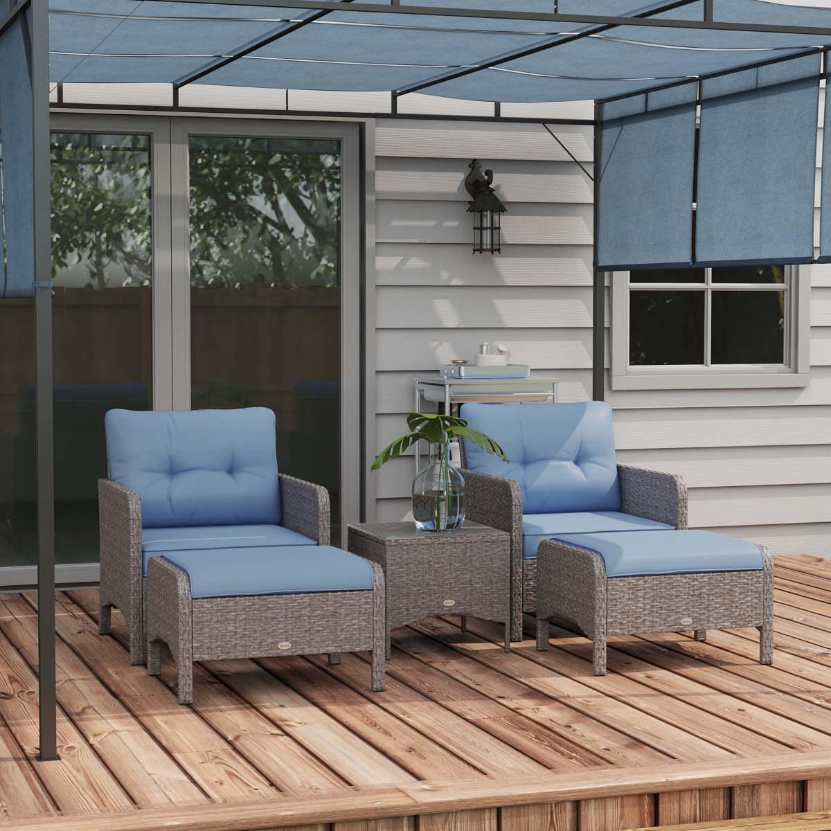 5-Piece Wicker Patio Set with Cushions, Blue - Conversation Furniture
