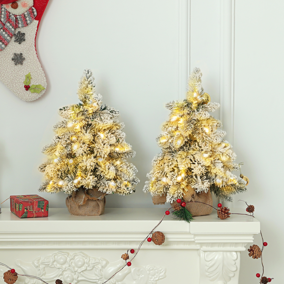 2-Piece Flocked Mini Tabletop Christmas Trees with Warm White LEDs