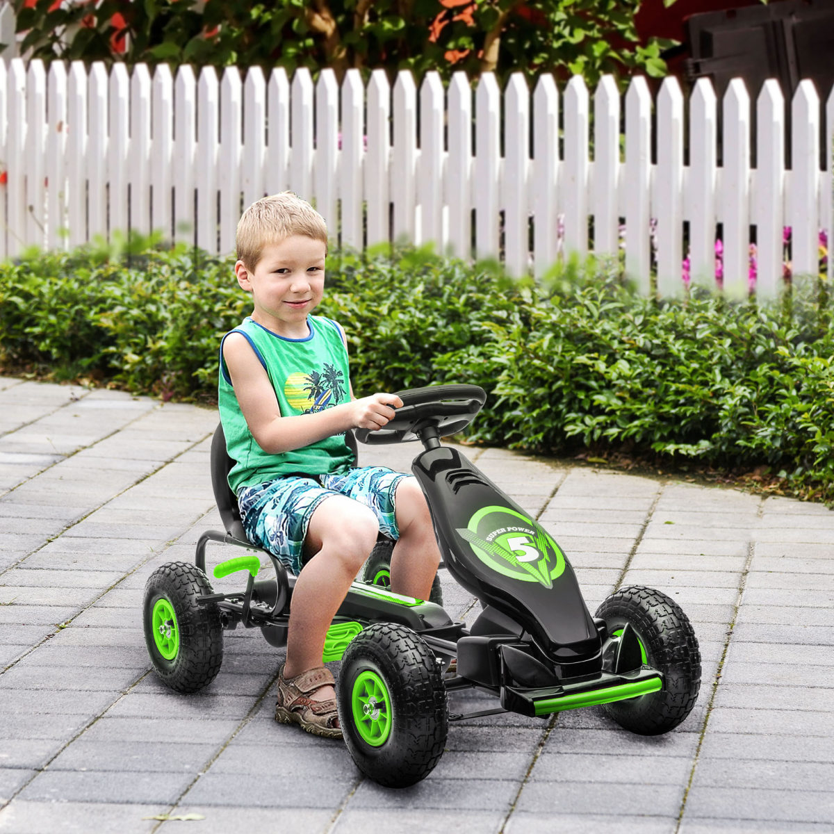 Kids Pedal Go Kart - Adjustable Seat, Rubber Wheels, Brake, Green