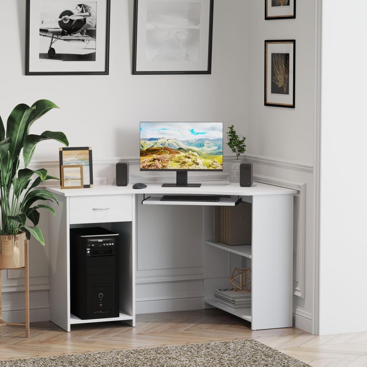 Stylish L-Shaped Corner Desk with Shelves & Keyboard Tray