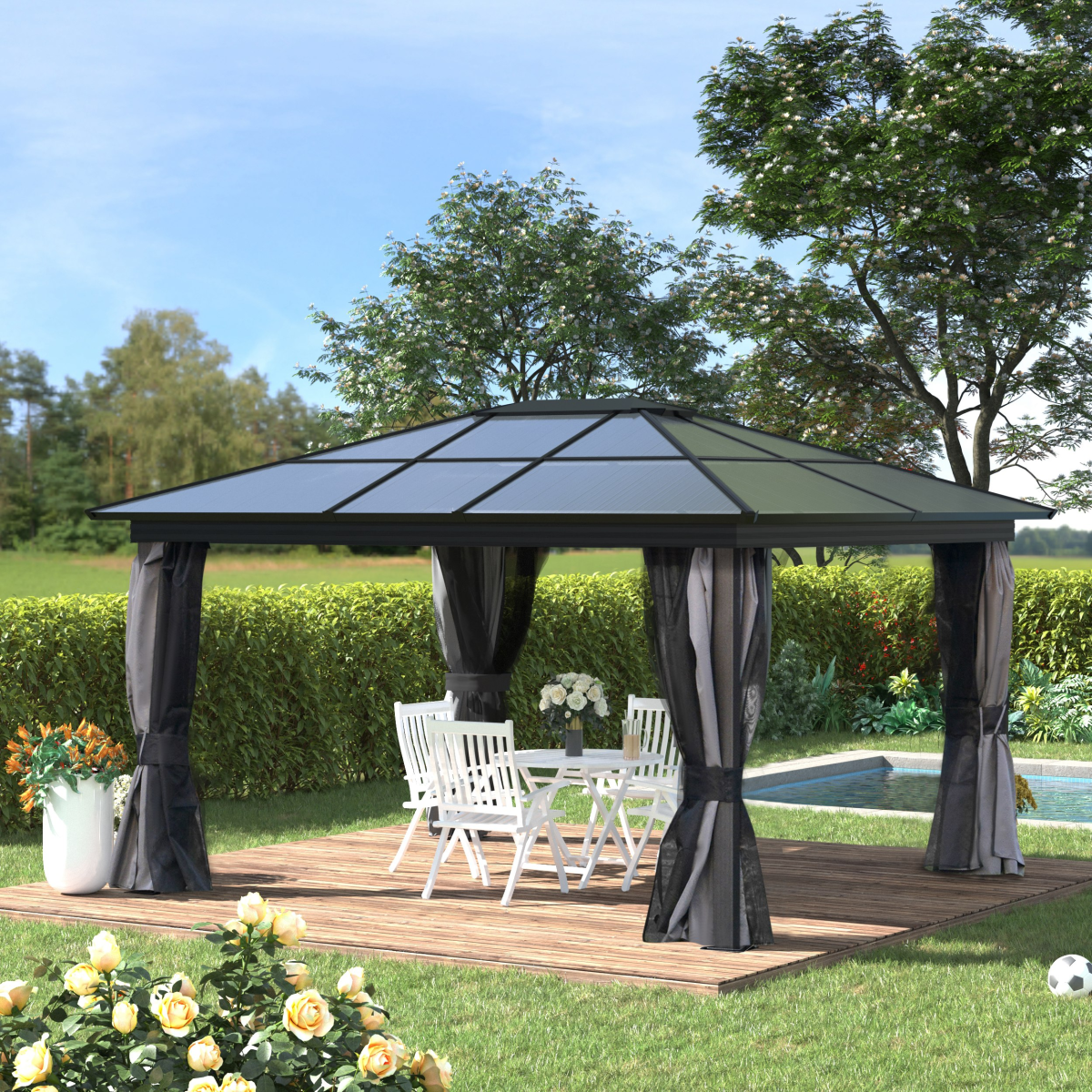 Aluminium Hardtop Gazebo 4x3.6m with Polycarbonate Roof & Curtains
