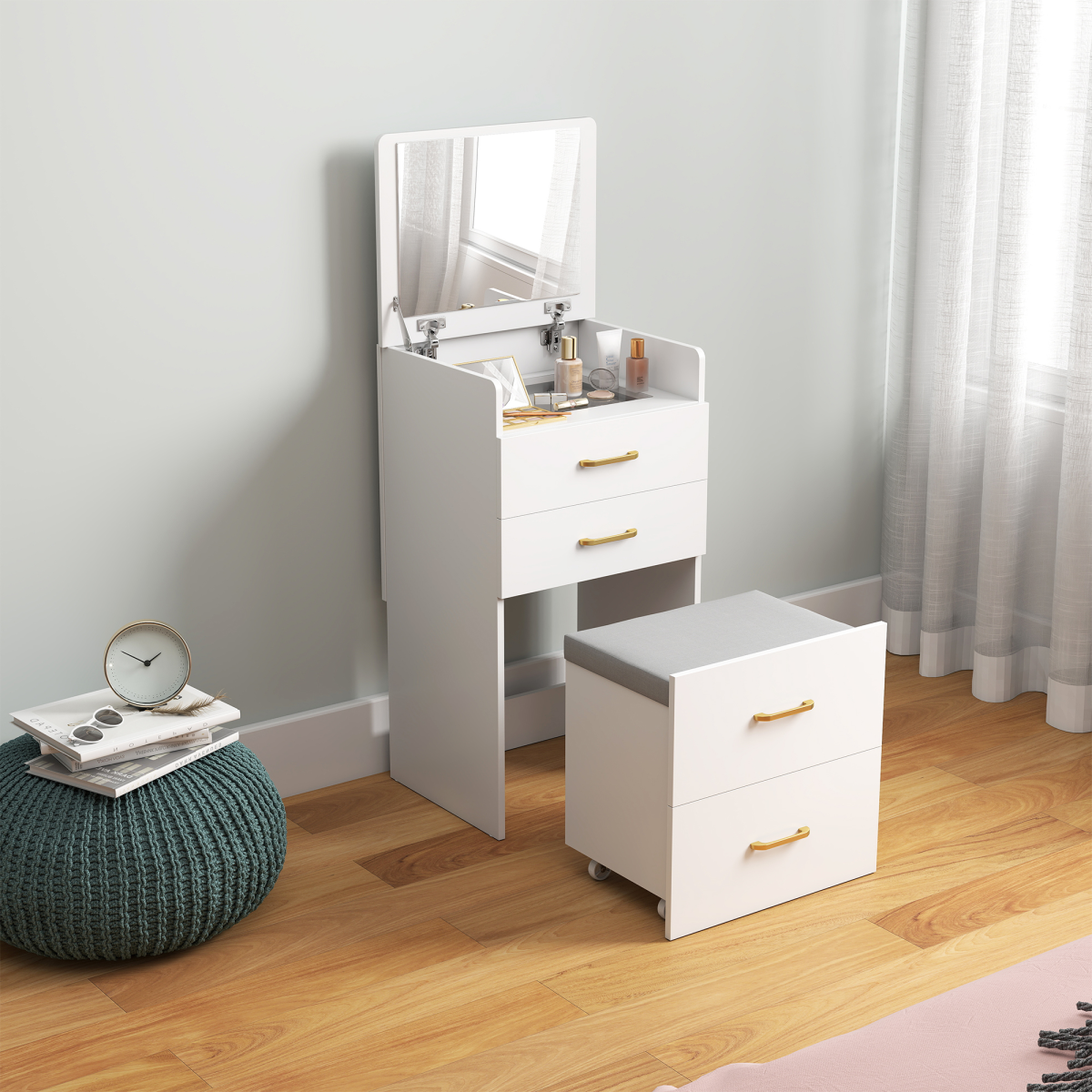 Versatile 3-in-1 Vanity Desk with Mirror & Cushioned Stool