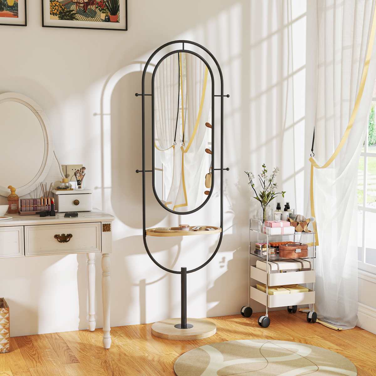 Elegant Freestanding Full Length Mirror with Tray & Hooks - Black