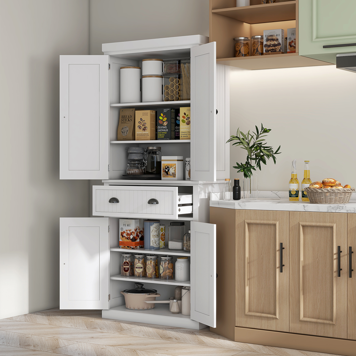 Chic Freestanding Kitchen Storage Cabinet with Adjustable Shelves & Drawers