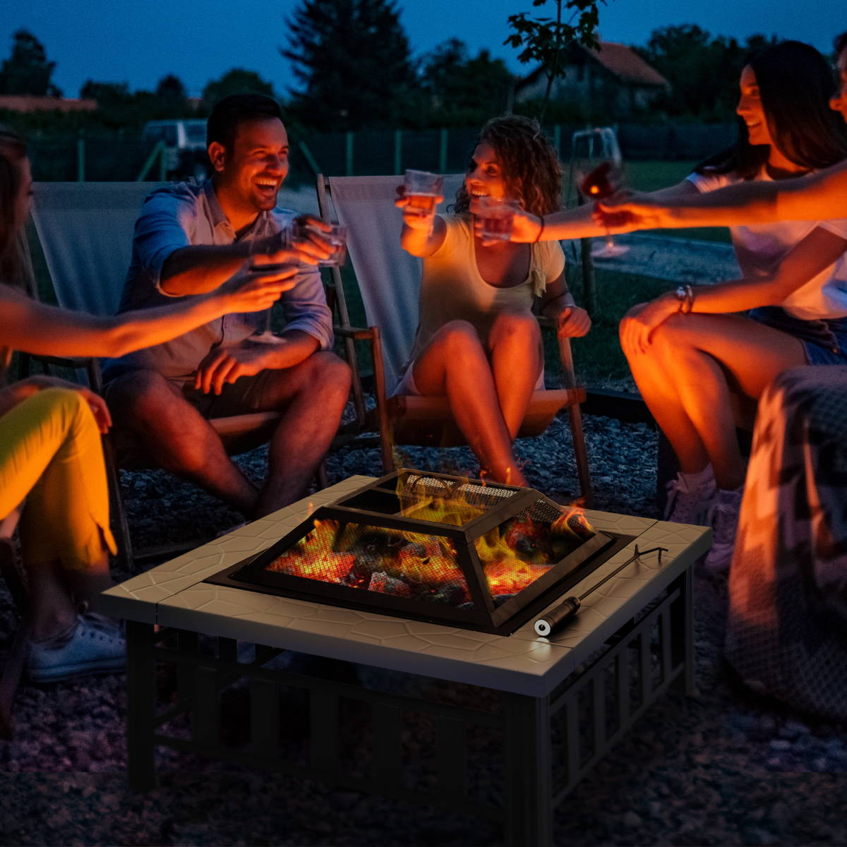 Square Fire Pit with Waterproof Mesh Cover, Faux Stone Top, Poker Tool