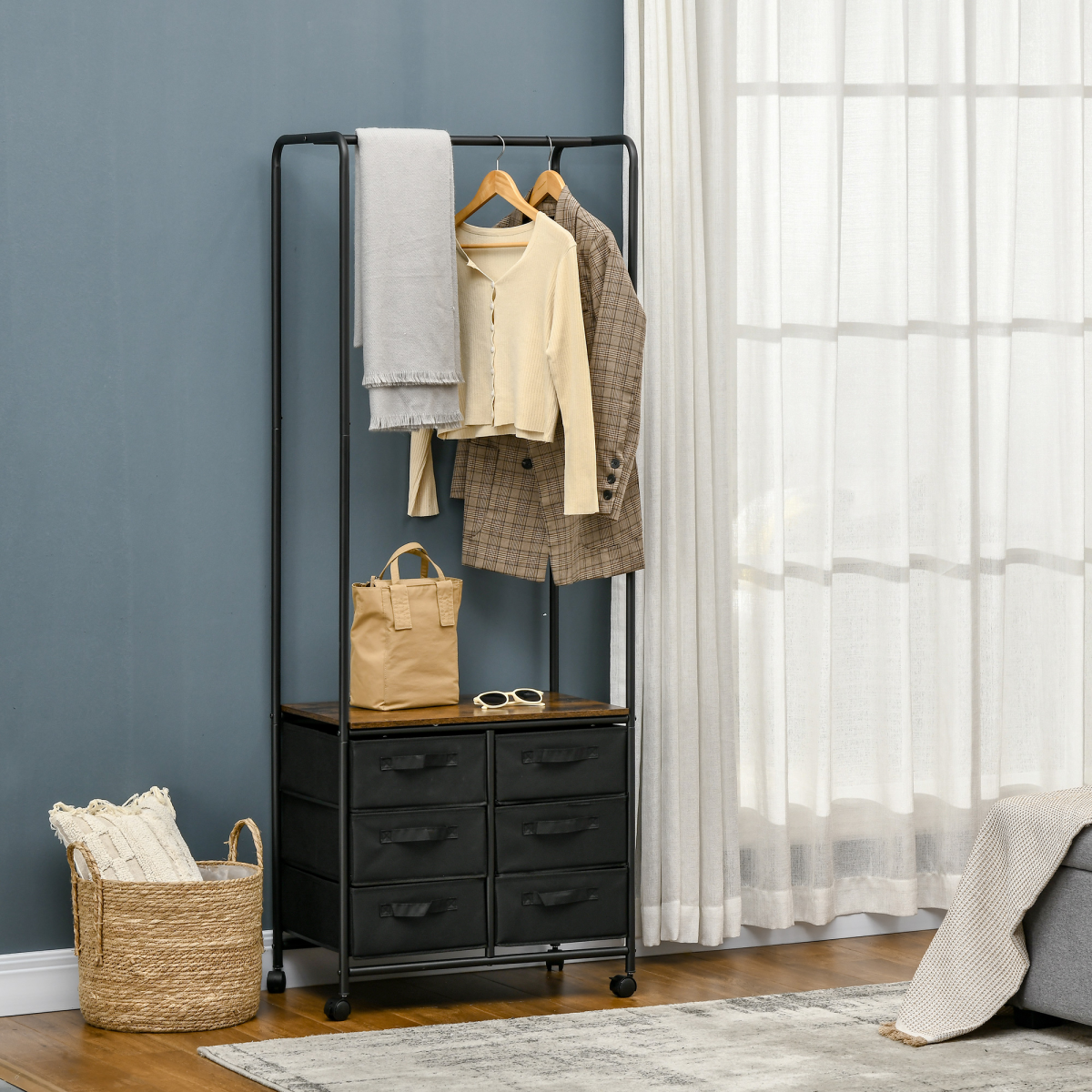 Versatile 6-Drawer Hanging Clothes Rack with Rolling Wheels for Easy Storage