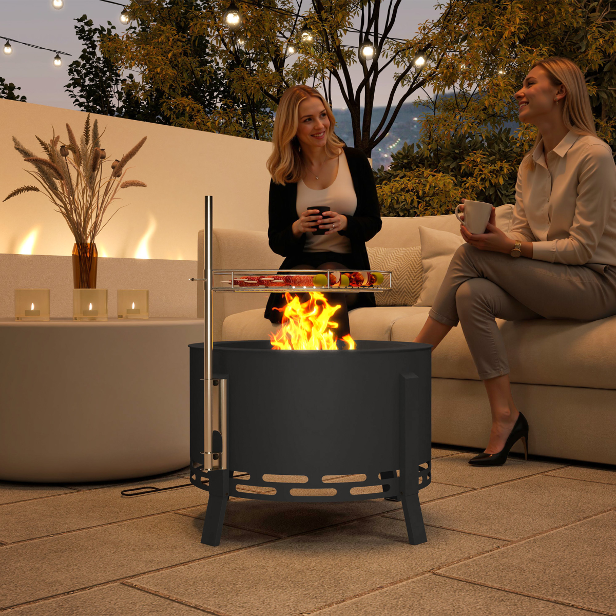 58cm Round Portable Fire Pit & Grill - Durable Black Steel Design