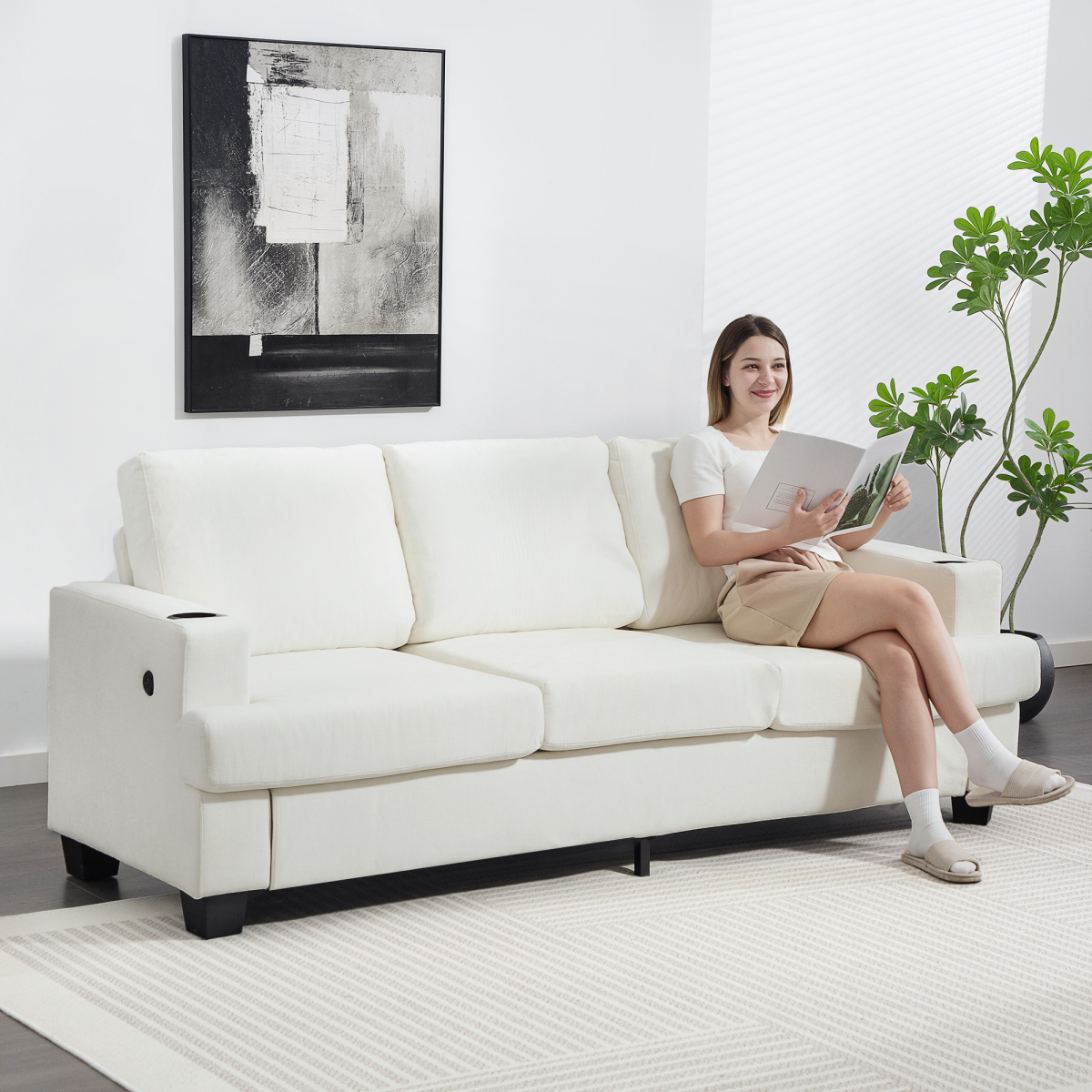 Cozy 3-Seater Sofa with USB Ports & Cup Holders - Cream Chenille Bliss