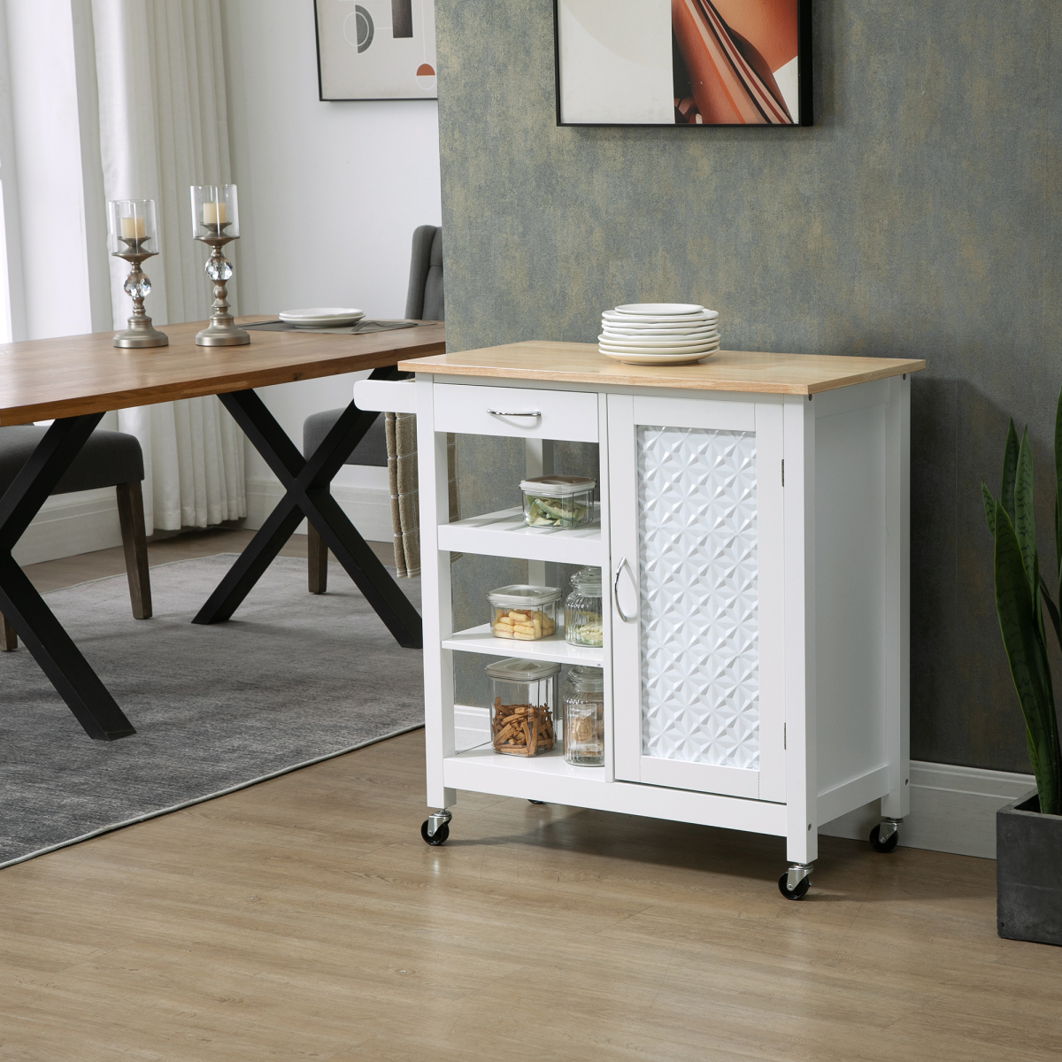 Versatile Rolling Kitchen Cart with Storage Drawer & Towel Rack - White