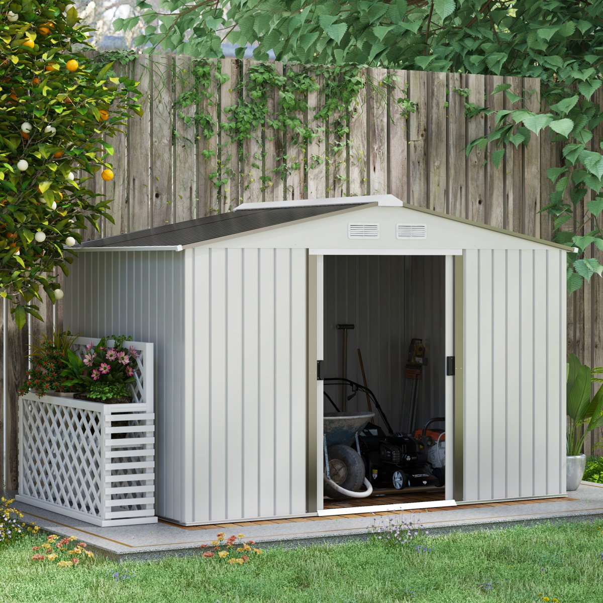 Premium Large Garden Shed Storage with Sliding Doors - Metal Roof, Silver