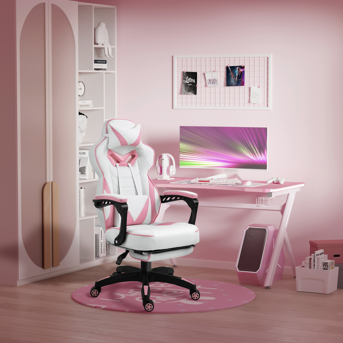 Ergonomic Gaming Chair with Wheels & Manual Footrest, Pink Faux Leather