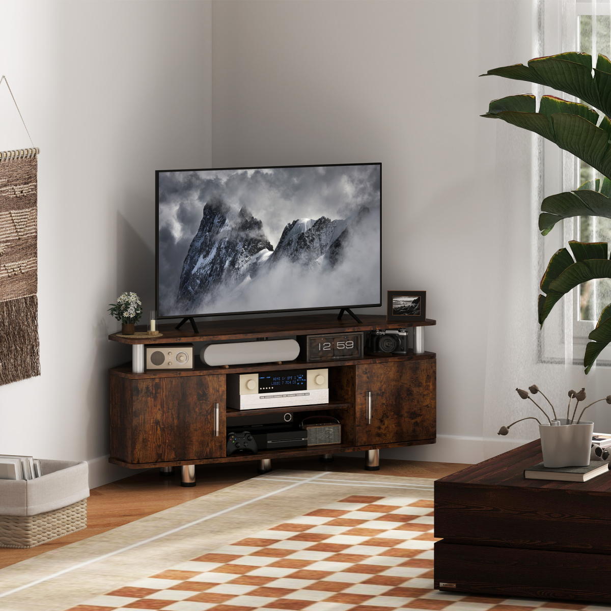 Rustic Brown TV Unit Cabinet with Storage & Shelves - Stylish & Functional!