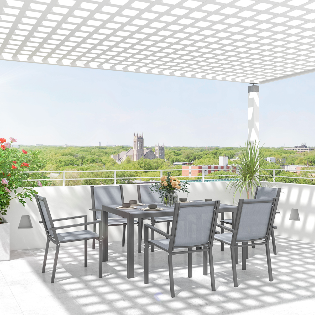 7-Piece Garden Dining Set: Wood-Plastic Table & 6 Chairs, Grey