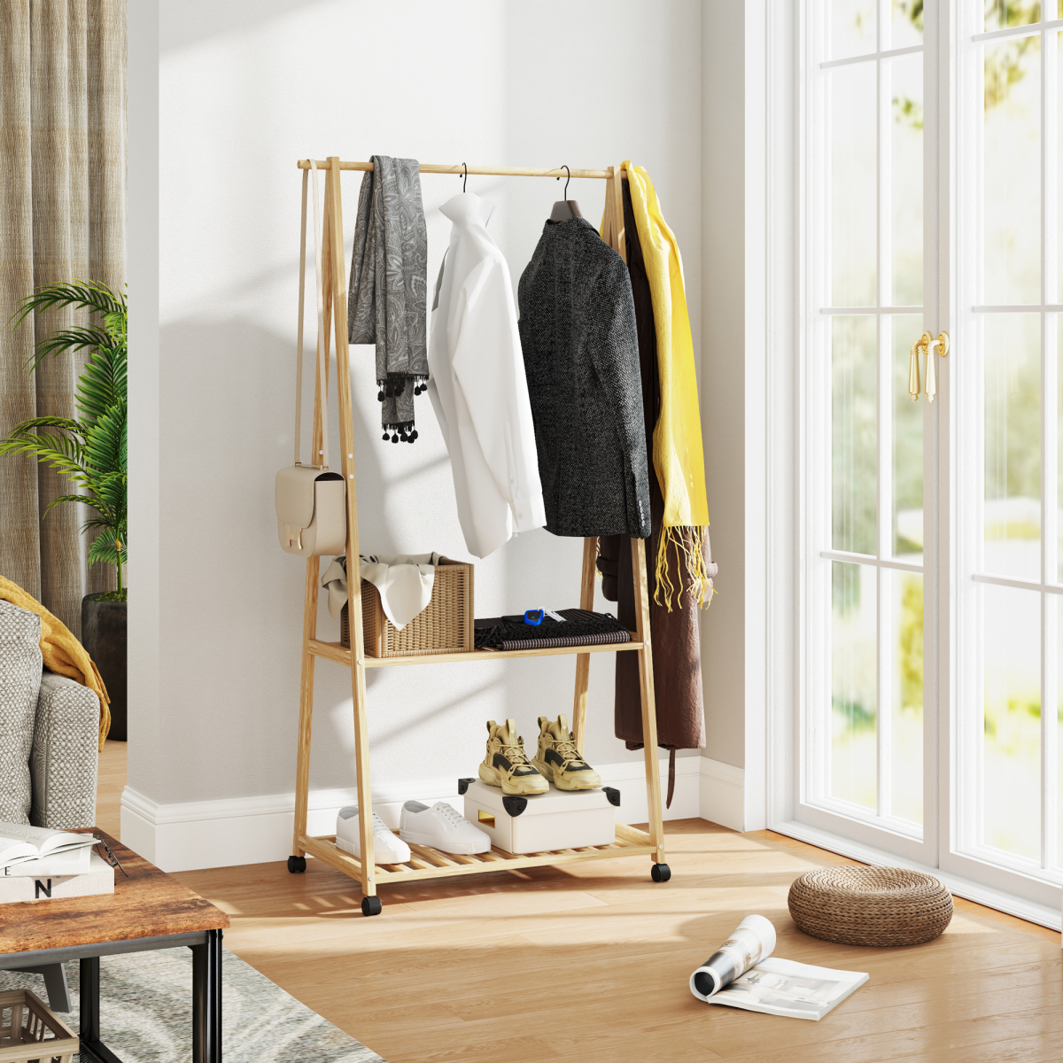 Stylish Bamboo Clothes Rack with Storage Shelves & Hooks - Natural Design