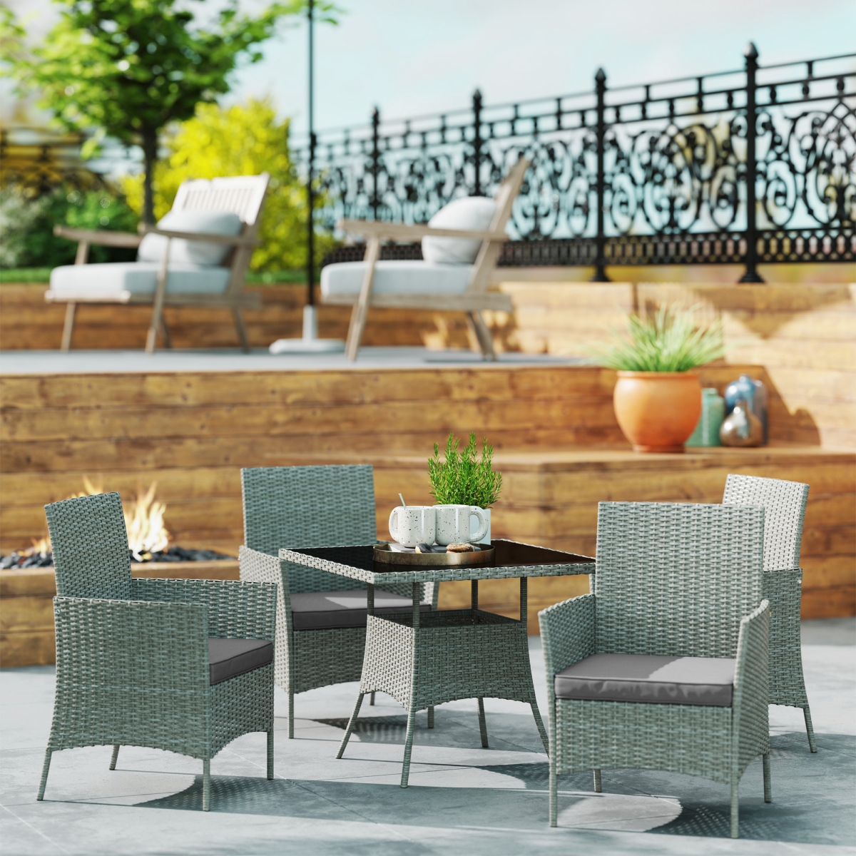 4-Person Rattan Outdoor Dining Set with Glass Table - Light Grey