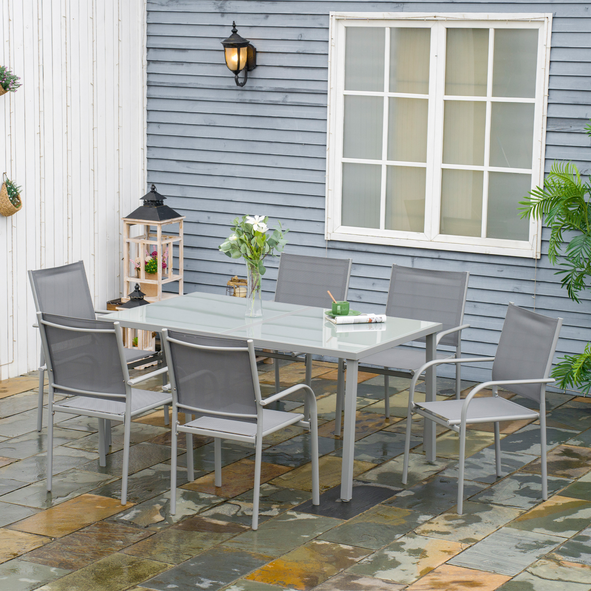 7-Piece Grey Steel Garden Patio Dining Set with Tempered Glass Table