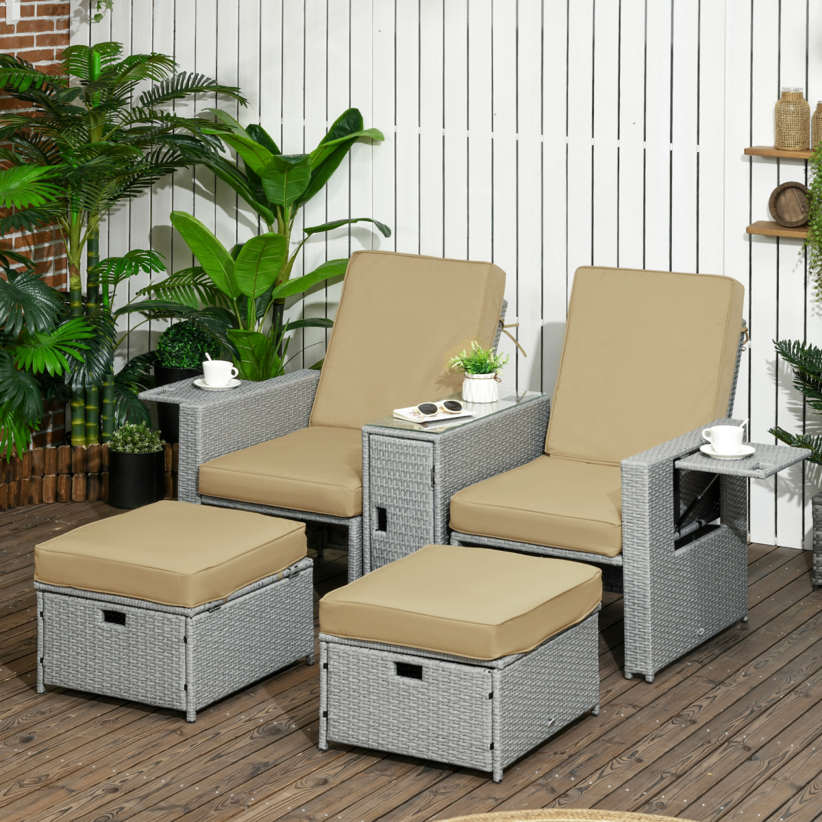 Ultimate 5-Piece Adjustable Rattan Sun Lounger Set with Storage - Beige Bliss