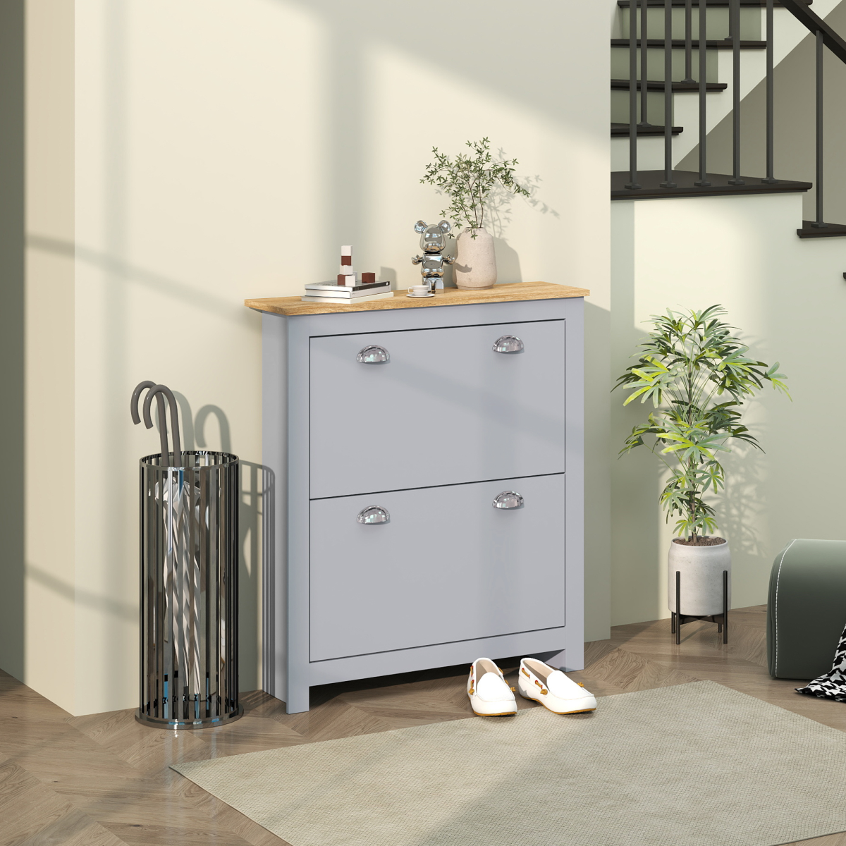 Stylish 2-Drawer Shoe Cabinet with Flip Doors - Space-Saving Grey Design