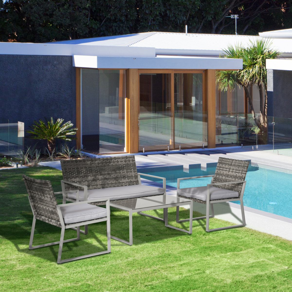 4-Piece Grey Rattan Outdoor Garden Furniture Set - Patio Seating