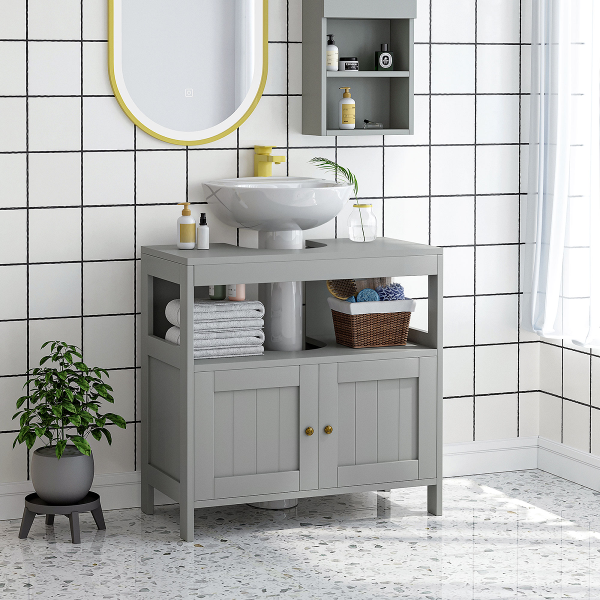 Stylish Grey Bathroom Pedestal Cabinet with U-Cut Storage & Shelves